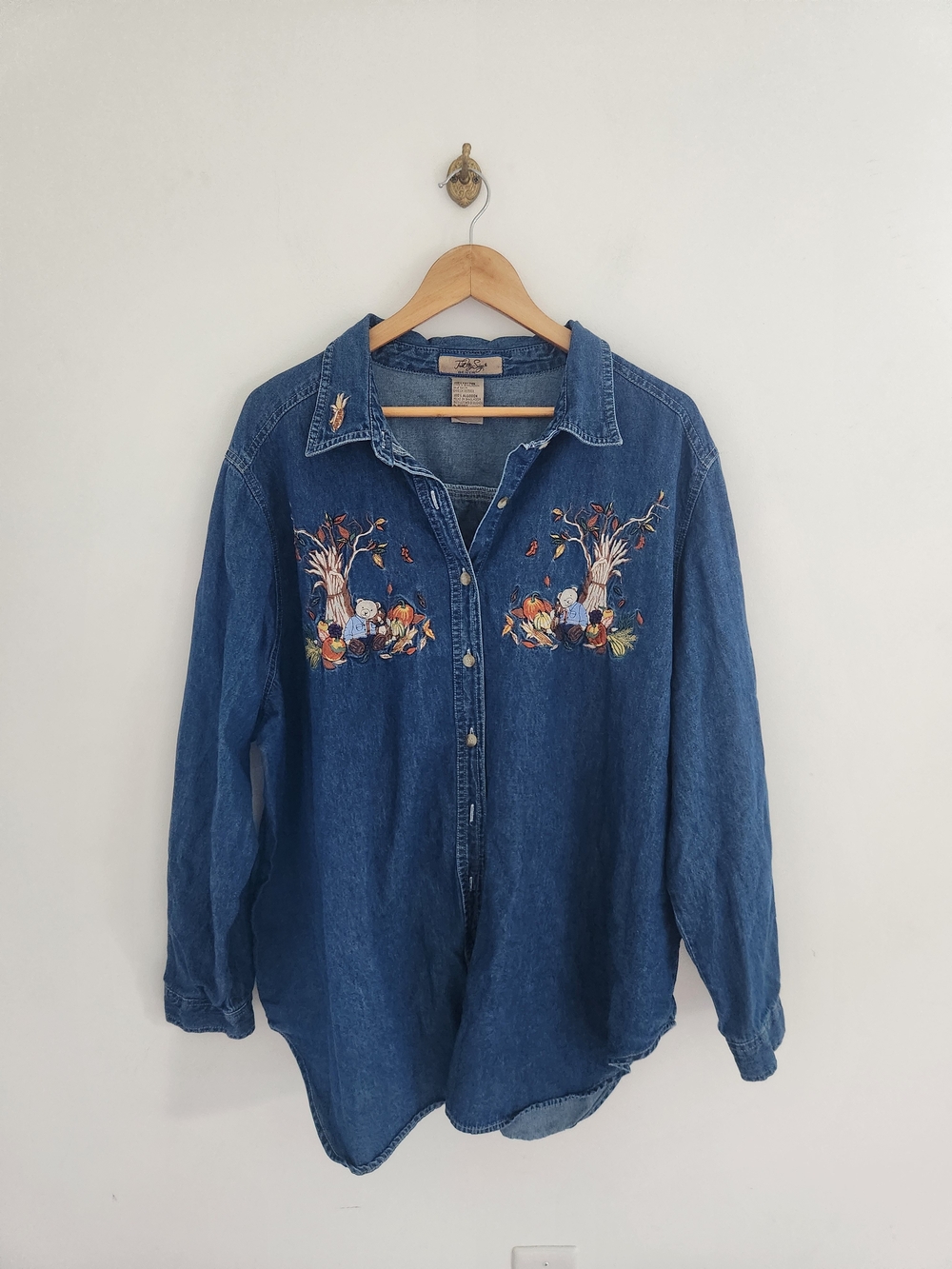 Just My Size Blue Denim Button-Down Shirt with Autumn Embroidery Size 22W/XL
